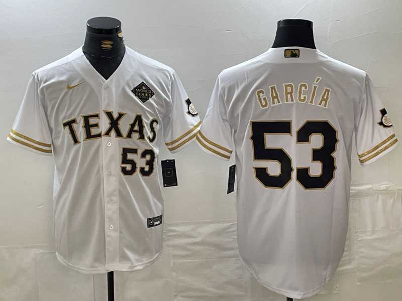 Mens Texas Rangers #53 Adolis Garcia Number White Gold Cool Base Stitched Baseball Jersey